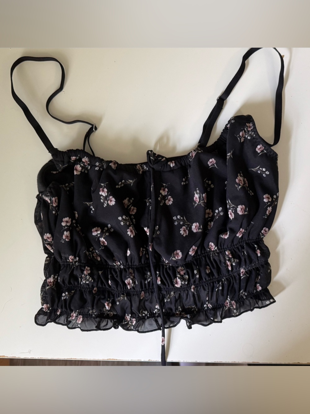 Gilly Hicks Floral Ruffled Crop Top - Black with Pink Flowers